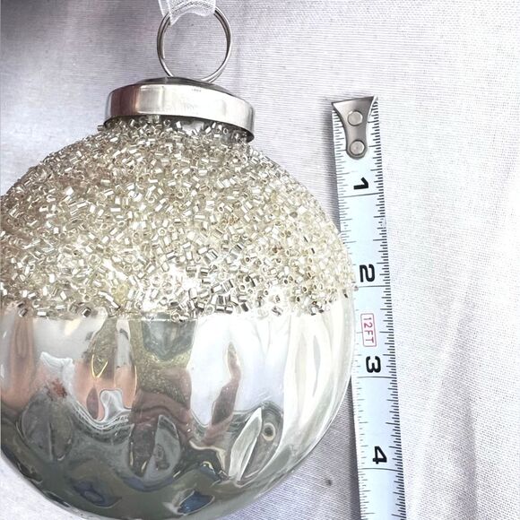 NWB Tinsel & Fir Silver 4” Beaded Christmas ballS ornaments hammered texture - Picture 7 of 8